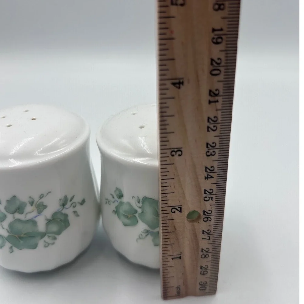 Vintage Japan Ceramic Salt and Pepper Shakers Green Ivy Leaf White Fluted Set